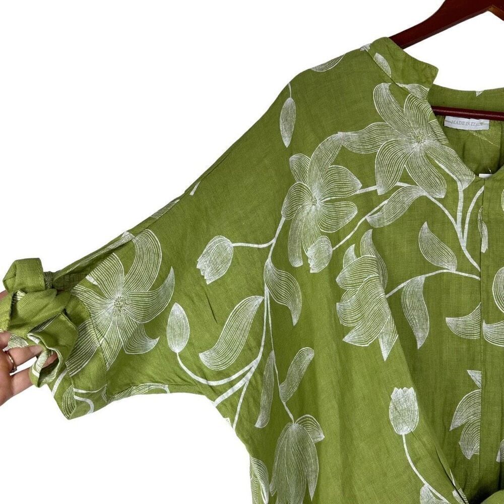 Italian 100% Linen Boho Green Floral Hi-Low Relaxed Fit Tunic Top Women One Size - Picture 3 of 8